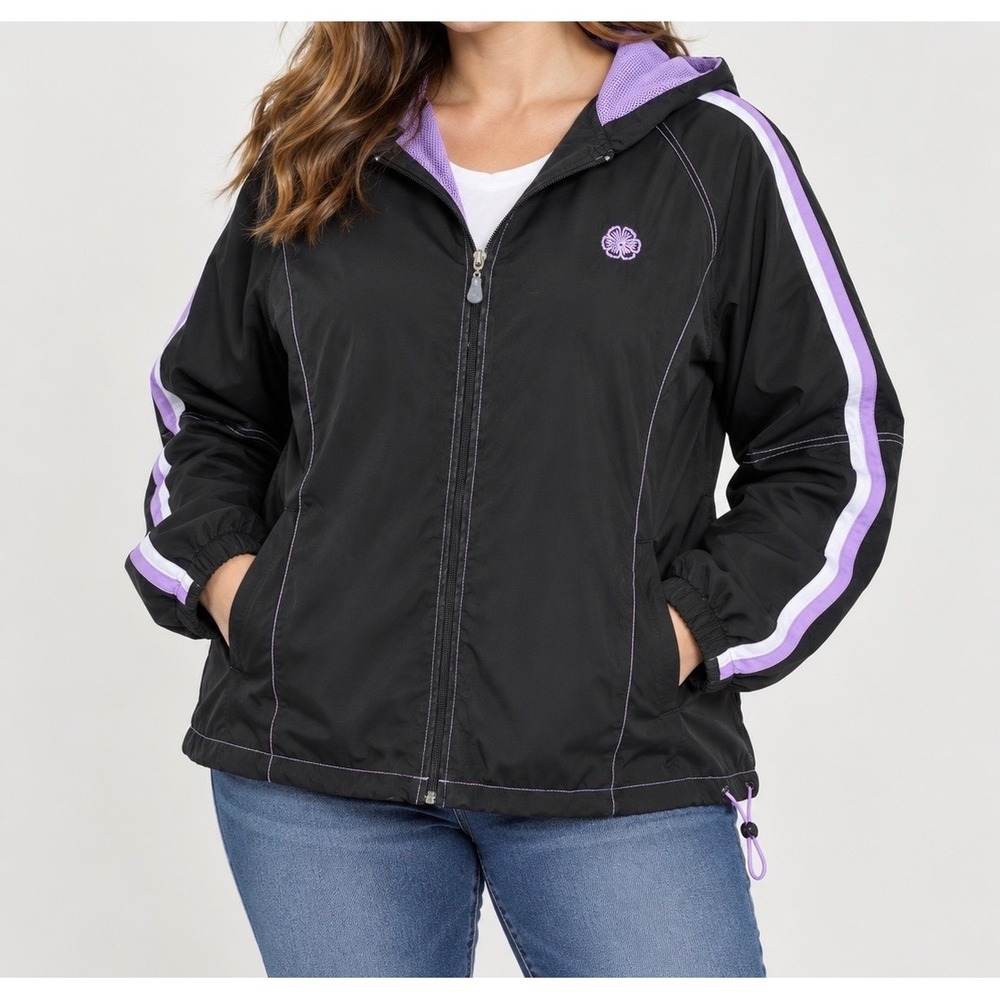 Green Tea Windbreaker Jacket Womens XL Black Purple Hooded Full Zip Sporty Y2K